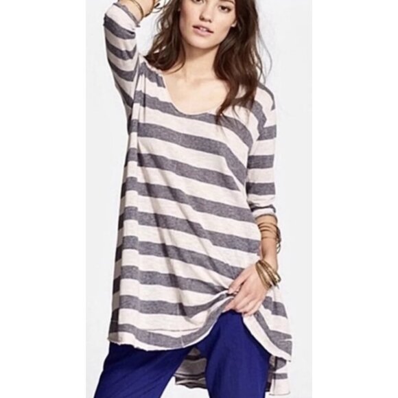 FREE PEOPLE WE THE FREE Slub Knit Striped Oversized Tunic Top Casual Boho - Sz M - Picture 1 of 13